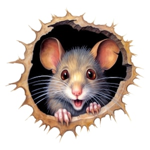 Pegatina de ratón: divertida pegatina de dibujos animados con un simpático ratón en un agujero y ojos grandes como decoración kawaii para niños y amantes de los animales.