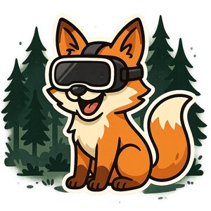 Adesivo di volpe con occhiali VR nella foresta. Divertenti adesivi a forma di fumetto per nerd, gamer, automobili, laptop o regali per gli appassionati di realtà virtuale.