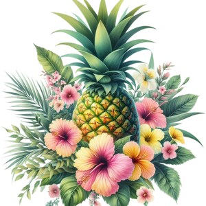 Op de afbeelding: Een tropische bloemstuk met een ananas, hibiscusbloemen en palmbladeren. De ananas bevindt zich in het midden van het stuk en is omringd door roze, gele en witte hibiscusbloemen. Het stuk is tegen een witte achtergrond geplaatst.