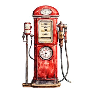 May include: Watercolor illustration of a vintage red gas pump with a round clock face and gauges. The pump has a tall, rectangular body with a curved top and a nozzle with a black hose. The design evokes a retro, antique aesthetic.