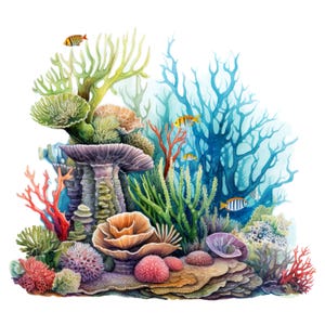 Könnte beinhalten: Aquarellillustration einer lebendigen Korallenriffszene. Das Bild zeigt eine Vielzahl farbenfroher Korallenformationen in Rot-, Orange-, Rosa- und Lilatönen mit grünen und blauen Akzenten. Mehrere gestreifte Fische schwimmen zwischen den Korallen.