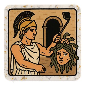 Adesivo di Perseo con selfie stick davanti a Medusa. Divertente adesivo a fumetti per gli amanti del mito, i re dei selfie e gli appassionati di storia greca.