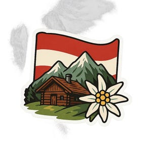 Könnte beinhalten: Ein Aufkleber mit einer Berglandschaft mit einer Holzhütte, grünen Bergen und einer weißen Blume. Der Hintergrund zeigt ein rot-weißes Flaggenmotiv. Der Aufkleber hat einen weißen Rand.