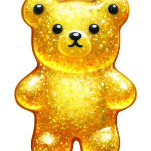 Puede incluir: Ilustración de un osito de goma dorado con una textura brillante y con purpurina. El oso tiene ojos negros y una pequeña nariz negra. La imagen es un primer plano del oso, sobre un fondo blanco.