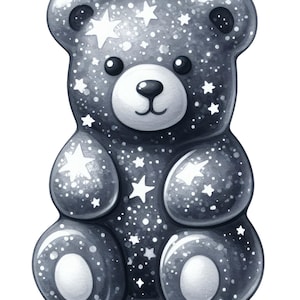 Puede incluir: Ilustración caprichosa de un oso de peluche gris adornado con estrellas y motas blancas. El oso tiene un acabado brillante, con hocico y vientre blancos. El diseño evoca un tema de noche estrellada, perfecto para decoración infantil o regalos.