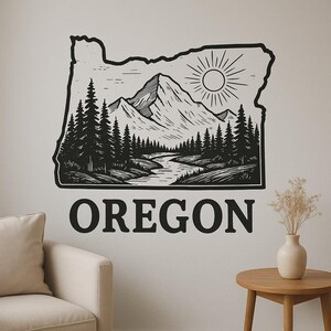 Carte de l'Oregon et autocollant mural paysage motif nature avec contour des montagnes comme autocollant pour mur camping-car ordinateur portable cadeau pour USA extérieur