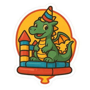 Pegatinas de dragón en un castillo inflable con gorro de fiesta, pegatinas de cómic para cumpleaños infantiles de fantasía, amigos y fanáticos de la diversión voladora.