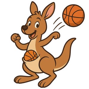 Puede incluir: Ilustración de dibujos animados de un canguro marrón jugando al baloncesto. El canguro tiene una pelota de baloncesto en su bolsa y está lanzando otra pelota de baloncesto. La imagen tiene un fondo blanco.
