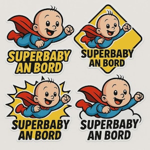 Zestaw naklejek Superbaby on Board – zabawna naklejka na samochód z dzieckiem w pelerynie – styl komiksowy, odporny na warunki atmosferyczne, dla rodziców z poczuciem humoru