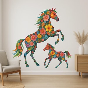 Flower Horses Wall Sticker Romantic horse motif with floral elements as a sticker for wall, camper van, laptop, gift for horses, nature fans