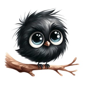 Può includere: Illustrazione ad acquerello di un soffice uccello nero con grandi occhi blu. L'uccello è appollaiato su un ramo marrone su sfondo bianco. L'uccello ha un piccolo becco triangolare.
