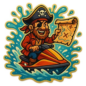 Pirat Sticker auf Jetski mit Schatzkarte Lustiger Comic Aufkleber für Meerfans Schatzsucher und Freibeuterinnen mit Stil