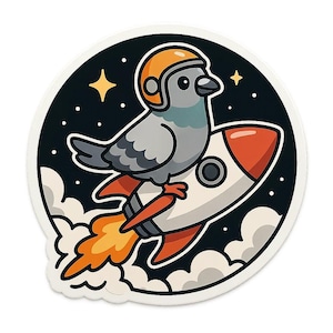 Pegatina de paloma cohete | Paloma de dibujos animados con casco viajando en cohete | Cómic espacial de animales con humor | Pegatina divertida de vuelo