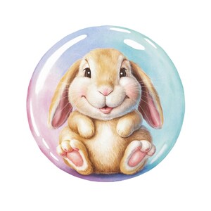 May include: A watercolor illustration of a smiling bunny inside a bubble. The bunny has tan fur, pink ears and paws, and rosy cheeks. The bubble has a gradient of pink, blue, and white.