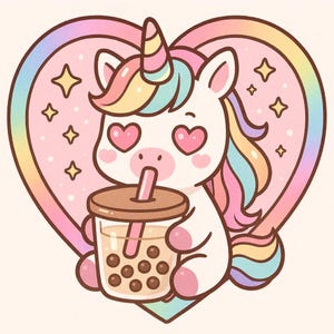 Adesivo Unicorno con Bubble Tea | Animale manga kawaii con occhi a cuore e stelle | Adesivi anime pastello | Divertente adesivo arcobaleno