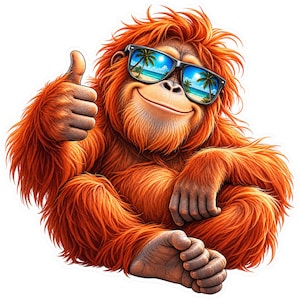 Puede incluir: Un orangután naranja vibrante con pelaje desgreñado que lleva gafas de sol negras que reflejan una escena de playa soleada con palmeras y agua azul. El orangután sonríe y hace un gesto de pulgar hacia arriba mientras está sentado.