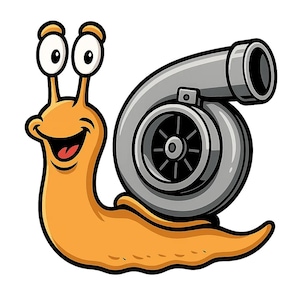 Puede incluir: Ilustración de dibujos animados de un caracol naranja con un turbocompresor gris. El caracol tiene ojos grandes y expresivos y una boca sonriente. El diseño está delineado en negro, creando una imagen audaz y juguetona.