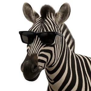 May include: A zebra's head, wearing black sunglasses, against a white background. The zebra's coat features a striking black and white striped pattern. The sunglasses are positioned on its nose.