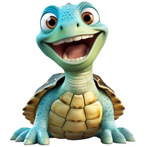 以下が含まれることがあります： 明るい水色の体、茶色の甲羅、大きな茶色の目をした、陽気な漫画の亀。亀は大きく笑い、歯を見せていて、幸せそうです。画像は白い背景のデジタルイラストです。