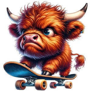 May include: A cartoon illustration of a Highland cow with ginger fur, blue eyes, and a nose ring, riding a skateboard. The skateboard has a blue deck and orange wheels. The cow has a grumpy expression.