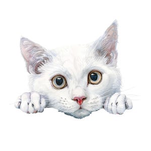 Op de afbeelding: Waterverfschilderij van een witte kat met grote, expressieve ogen en een roze neus. De poten van de kat zijn zichtbaar, alsof hij over een rand kijkt. Het kunstwerk heeft een zachte, realistische stijl, perfect voor kattenliefhebbers.