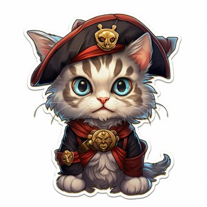Pegatina de gato pirata: divertido gato kawaii con sombrero, una simpática pegatina de dibujos animados para fans del cosplay de Halloween y decoración de aventuras.