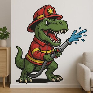 Adhesivo de pared de bombero T-Rex Divertido motivo de dinosaurio con casco y manguera para habitación infantil, sala de juegos o decoración de autocaravanas Fans de los dinosaurios bomberos