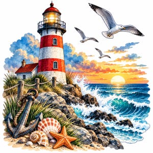 Op de afbeelding: Een kusttafereel met een rood-wit gestreepte vuurtoren met een verlichte lantaarn, een metalen anker, schelpen en een oranje zeester op een rotsachtige kust. Drie meeuwen vliegen boven een blauwe oceaan met beukende golven bij zonsondergang.