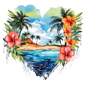 Könnte beinhalten: Aquarell-Illustration einer tropischen Strandszene in Herzform. Mit Palmen, orangefarbenen Hibiskusblüten, blauem Ozean und einem Sandstrand unter bewölktem Himmel. Das Design hat einen Aquarelleffekt mit Farbspritzern.