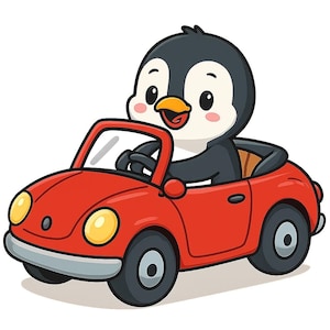 Puede incluir: Ilustración de dibujos animados de un pingüino conduciendo un coche descapotable rojo brillante. El pingüino es blanco y negro con un pico amarillo y está sonriendo. El coche tiene neumáticos negros y faros amarillos.