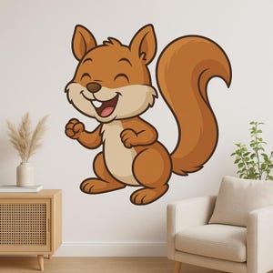 Adhesivo de pared de ardilla feliz: divertido motivo de animales del bosque para la sala de estar, la habitación de los niños o la decoración de casas móviles para los amantes de los animales de la naturaleza.