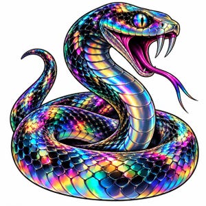Op de afbeelding: Een illustratie van een opgerolde slang met een levendig, iriserend, veelkleurig schubbenpatroon dat verschuift tussen tinten blauw, paars, roze en goud. De slang heeft de bek open, wat scherpe giftanden en een lange, gevorkte tong toont.