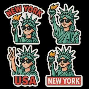 Set di 4 adesivi Statua della Libertà - Design dei cartoni animati di New York - Adesivo da viaggio negli Stati Uniti, Ragazza della libertà con occhiali da sole