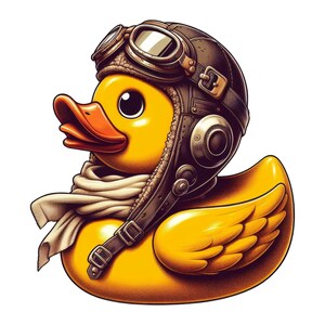 Könnte beinhalten: Eine gelbe Gummiente mit einem braunen Fliegerhelm mit Brille und einem cremefarbenen Schal. Die Ente hat einen orangefarbenen Schnabel und schwarze Augen. Die Flügel sind mit Schattierungen versehen.