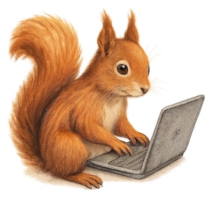 Könnte beinhalten: Detaillierte Illustration eines roten Eichhörnchens, das an einem grauen Laptop sitzt. Das Eichhörnchen hat einen buschigen Schwanz und konzentriert sich auf den Laptop. Der Hintergrund ist weiß.