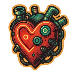 ネオンライト付きロボットハート - 未来的な漫画ステッカー - 耐候性 - SF、サイバーパンク、テクノロジーファンへのギフト
