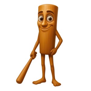 May include: A cartoon character resembling a wooden log with a smiling face, brown eyes, and arms and legs. The character is holding a baseball bat and is standing on a white background. The character is a light brown color.