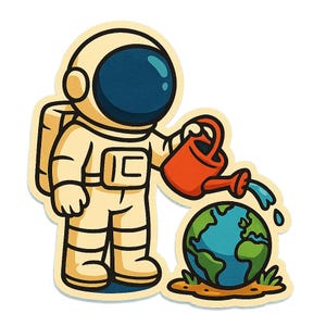 Astronauta con regadera regando la mini-tierra – Pegatina mágica de dibujos animados – Resistente a la intemperie – Regalo para amantes del espacio, el medio ambiente y el humor