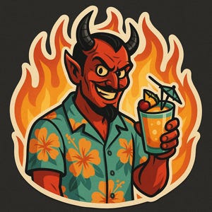 Pegatina de diablo con camisa hawaiana y copa de cóctel. Divertida pegatina de demonio cómico para amigos de verano, fanáticos de la sátira y fanáticos de la pasión.