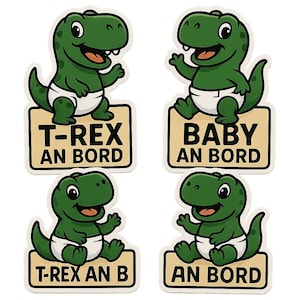 Zestaw naklejek T-Rex na pokładzie – zabawna naklejka „Baby on Board” z dinozaurem w pieluszce – naklejka na samochód z humorem – odporna na warunki atmosferyczne i przyciągająca wzrok