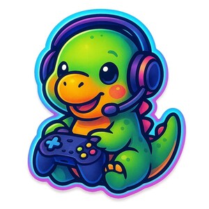 コントローラーとヘッドセットを備えたゲーマーとしての恐竜 - 面白い漫画ステッカー - 耐候性 - ゲーミング、恐竜ユーモアファンへのギフト