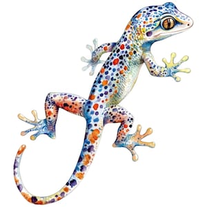 Könnte beinhalten: Eine Aquarellillustration eines Geckos mit weißer Grundfarbe und leuchtend blauen, violetten und orangefarbenen Flecken auf Körper, Kopf und langem Schwanz. Die Eidechse hat große, detaillierte Augen und vier gespreizte Füße mit sichtbaren Zehen.