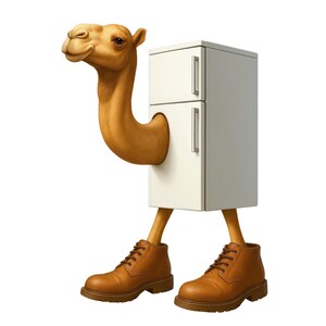 Könnte beinhalten: Eine skurrile Illustration eines Kamels, dessen Kopf und Hals aus einem weißen Kühlschrank ragen. Der Kühlschrank hat zwei Türen mit silbernen Griffen. Die Beine des Kamels sind die Beine des Kühlschranks, und es trägt braune Lederstiefel.