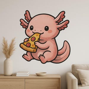 Bonita pegatina de pared de ajolote comiendo pizza: divertido motivo de anfibios para la cocina, la habitación de los niños o la decoración de la autocaravana para los amantes de la pizza y los fans del kawaii.