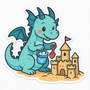 砂のお城の上でアイスクリームを食べたドラゴン – ファンタジーな車のステッカー – 耐候性があり、遊び心があり – 子供、ビーチファン、凧愛好家への贈り物