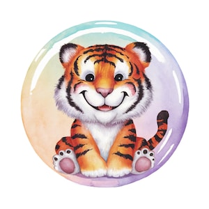 May include: A watercolor illustration of a smiling tiger cub with orange and black stripes, set inside a colorful bubble. The tiger has white fur on its face and belly, with pink paws and a black-tipped tail. The bubble has a gradient of colors, including blue, yellow, and purple.