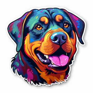 Rottweiler Sticker – Bunter Pop Art Aufkleber mit lustigem Hundeportrait im Comic Stil als Geschenkidee für Hundeliebhaber und Deko Fans