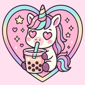 Adesivo Unicorno con Bubble Tea | Animale manga kawaii con occhi a cuore e stelle | Adesivi anime pastello | Divertente adesivo arcobaleno