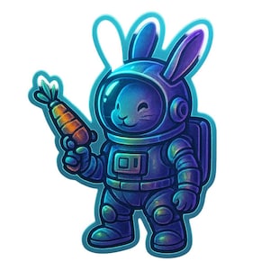 Conejito astronauta con pistola espacial de zanahoria – Pegatina divertida de dibujos animados – Resistente a la intemperie – Regalo para amantes del espacio, los animales y el humor