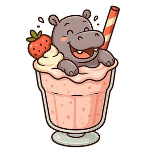 May include: A cartoon illustration of a smiling hippo in a pink milkshake. The milkshake is topped with whipped cream and a strawberry. A red and white striped straw is in the milkshake.